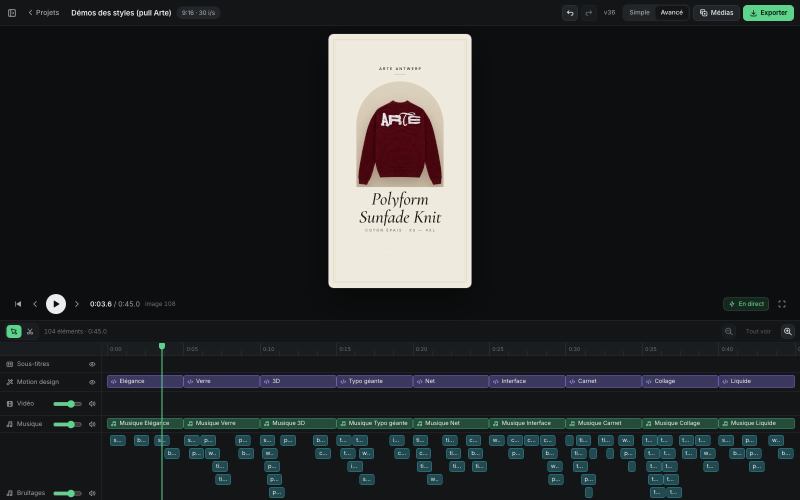 L'éditeur de ShortCut : l'aperçu de la vidéo au centre ; en dessous, la timeline et ses pistes de motion design, de musique et de bruitages.